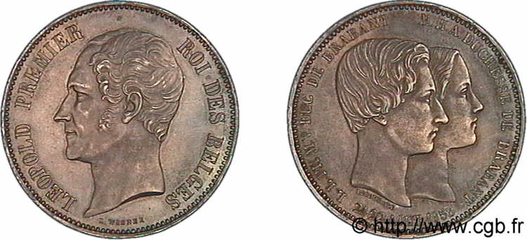 BELGIQUE - ROYAUME DE BELGIQUE - LÉOPOLD Ier 5 francs, mariage du duc de Brabant 1853 Bruxelles AU 