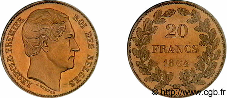 BELGIUM - KINGDOM OF BELGIUM - LEOPOLD I 20 francs or, tête nue 1864 Bruxelles MS 