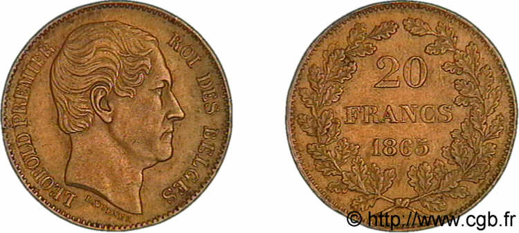 BELGIQUE - ROYAUME DE BELGIQUE - LÉOPOLD Ier 20 francs or, tête nue 1865 Bruxelles XF 
