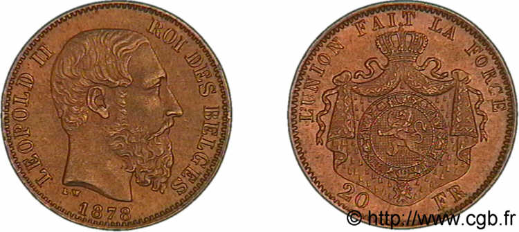 BELGIUM - KINGDOM OF BELGIUM - LEOPOLD II 20 francs or, 4e type 1878 Bruxelles AU 