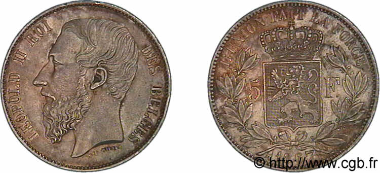BELGIQUE - ROYAUME DE BELGIQUE - LÉOPOLD II 5 francs, type provisoire 1867 Bruxelles SUP 