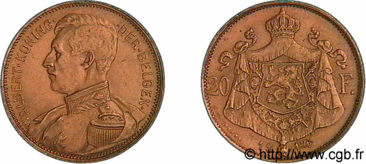 BELGIQUE - ROYAUME DE BELGIQUE - ALBERT Ier 20 francs or rose, légende flamande 1914 Bruxelles AU 
