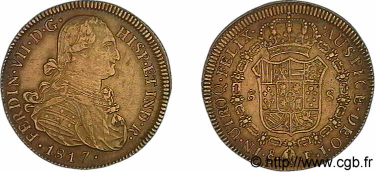CHILI - FERDINAND VII 8 escudos en or 1817 S°, Santiago XF 
