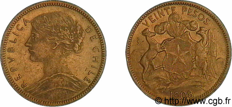 CHILI - RÉPUBLIQUE 20 pesos or 1908 S°, Santiago XF 