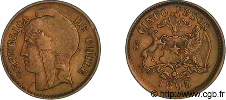 CHILI - RÉPUBLIQUE 5 pesos or 1895 S°, Santiago XF 