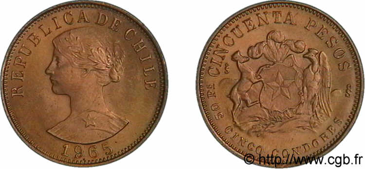 CHILI - RÉPUBLIQUE 50 pesos or ou 5 condores 1965 S°, Santiago SC 