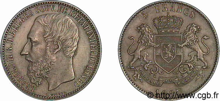 CONGO - ÉTAT INDÉPENDANT DU CONGO - LÉOPOLD II 5 francs, 2e type 1887 Bruxelles AU 