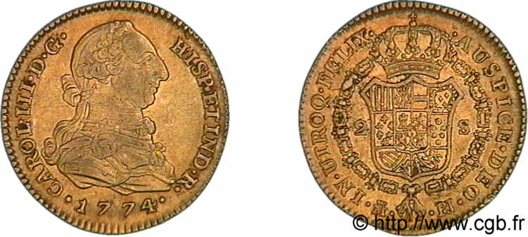 SPAIN - KINGDOM OF SPAIN - CHARLES III 2 escudos en or 1774 M couronné, Madrid XF 
