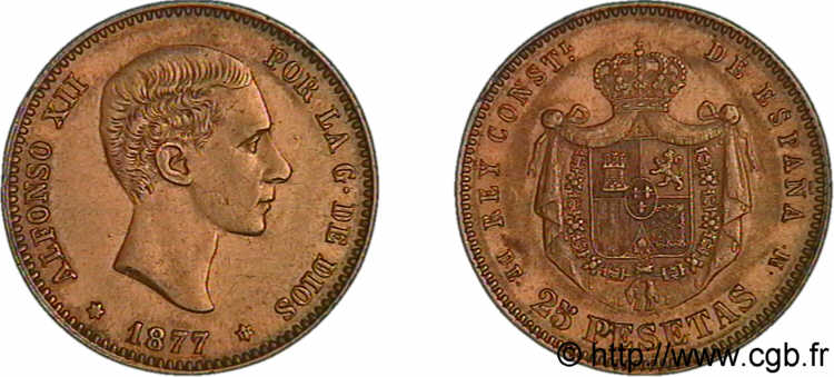 ESPAGNE - ROYAUME D ESPAGNE - ALPHONSE XII 25 pesetas 1877 Madrid, étoile à six rais, 6.863.000 ex EBC 