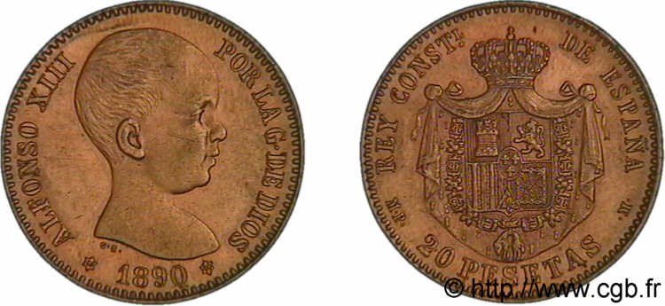 SPAIN - KINGDOM OF SPAIN - ALFONSO XIII 20 pesetas 1890 Madrid, étoile à six pointes AU 