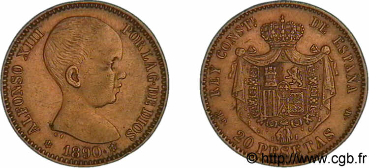 SPAIN - KINGDOM OF SPAIN - ALFONSO XIII 20 pesetas 1890 Madrid, étoile à six pointes XF 