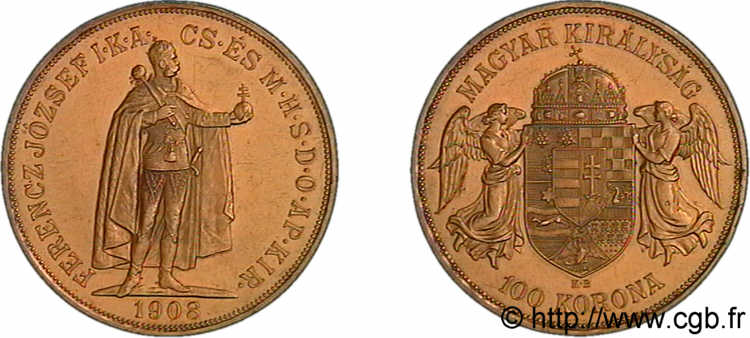 HONGRIE - ROYAUME DE HONGRIE - FRANÇOIS-JOSEPH Ier 100 korona en or 1908 KB, Kremnitz SUP 
