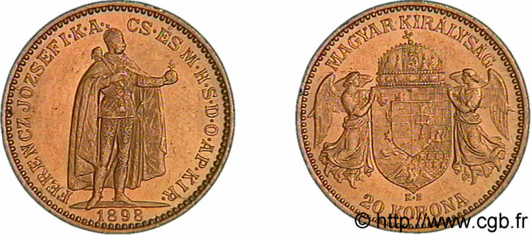 HONGRIE - ROYAUME DE HONGRIE - FRANÇOIS-JOSEPH Ier 20 korona en or 1898 Kremnitz SUP 