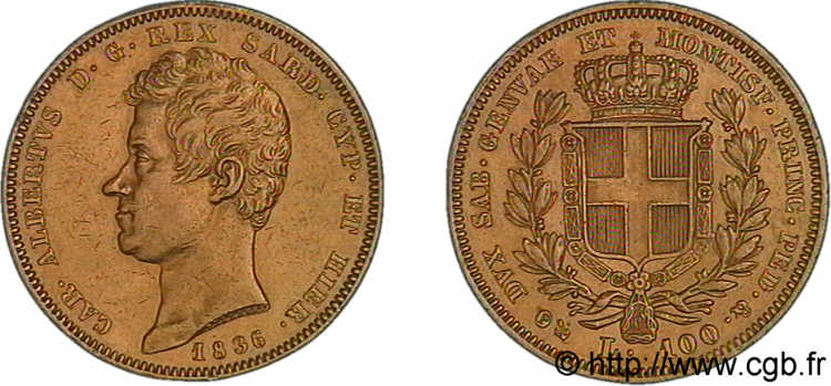 ITALIA - REGNO DE SARDINIA - CARLO ALBERTO 100 lires or 1836 Gênes XF 
