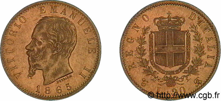 ITALY - KINGDOM OF ITALY - VICTOR-EMMANUEL II 20 lires or 1865 Turin AU 