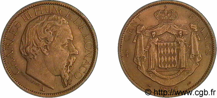MONACO - PRINCIPAUTÉ DE MONACO - CHARLES III 100 francs or 1886 Paris BB 