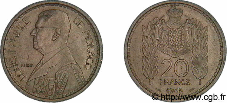 MONACO - LOUIS II Essai de 20 francs 1945 Paris SPL 