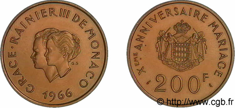 MONACO - PRINCIPAUTÉ DE MONACO - RAINIER III 200 francs or, dixième anniversaire du mariage 1966 Paris FDC 