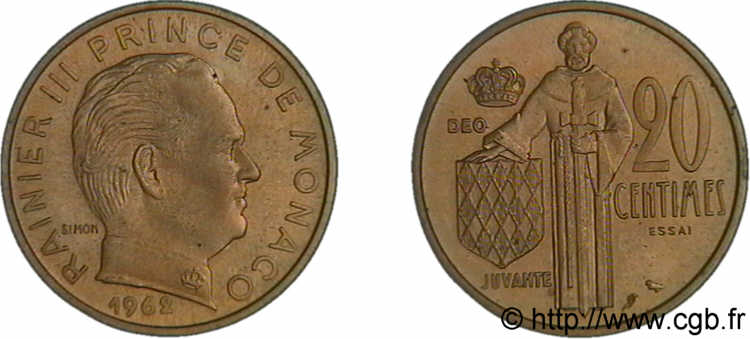 MONACO - PRINCIPALITY OF MONACO - RAINIER III Essai de 20 centimes 1962 Paris MS 