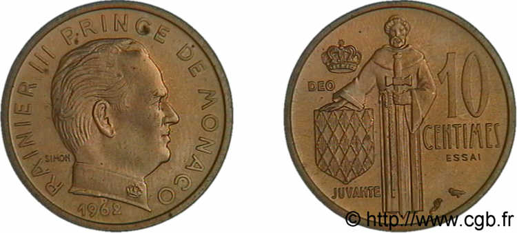 MONACO - PRINCIPALITY OF MONACO - RAINIER III Essai de 10 centimes 1962 Paris MS 