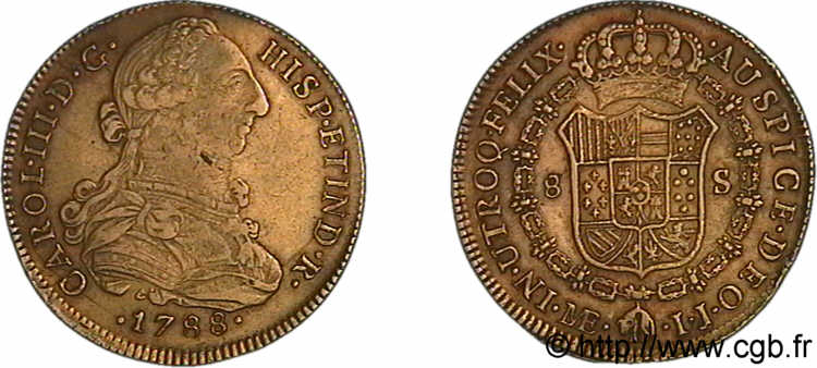 PERÚ - CARLOS III 8 escudos en or 1788 LIMÆ (en monogramme) BC/MBC 