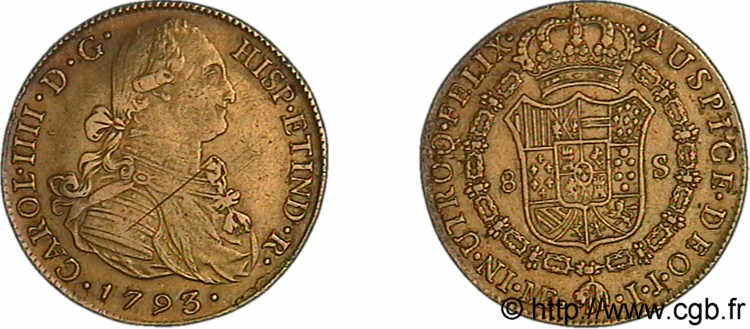 PERÙ - CARLO IV 8 escudos en or 1793 LIMÆ (en monogramme) BB 