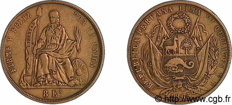 PERU - REPUBLIC 8 escudos en or 1863 Lima VF 