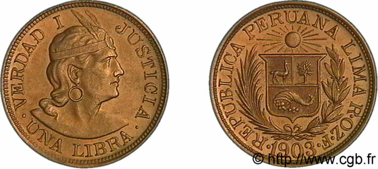 PERú - REPúBLICA Libra en or 1903 Lima EBC 