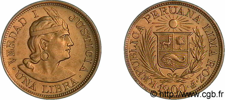 PERú - REPúBLICA Libra en or 1900 Lima EBC 