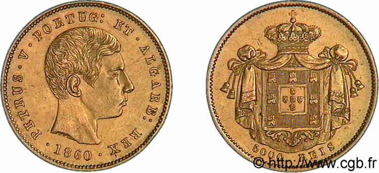 PORTUGAL - ROYAUME DU PORTUGAL - PIERRE V 5 milreis ou demi-couronne d or (corão) 1860 Lisbonne VZ 