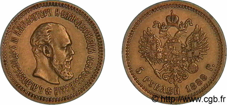 RUSSIA - ALESSANDRO III 5 roubles or, (20 francs or) 1888 Saint-Pétersbourg BB 