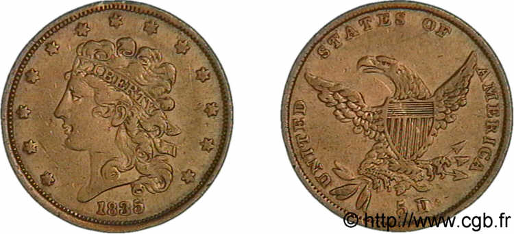 UNITED STATES OF AMERICA 5 dollars or (Half Eagle)  Liberty head  ou  Classic head  1835 Philadelphie VF 