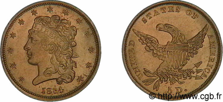ÉTATS-UNIS D AMÉRIQUE 5 dollars or (Half Eagle)  Liberty head  ou  Classic head  1834 Philadelphie AU 