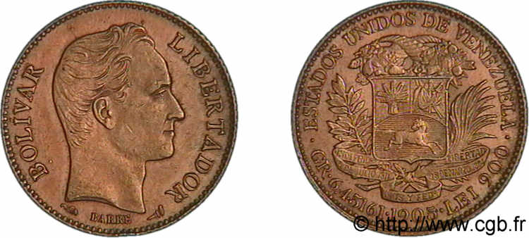 VENEZUELA - RÉPUBLIQUE 20 bolivares or 1905 Paris EBC 