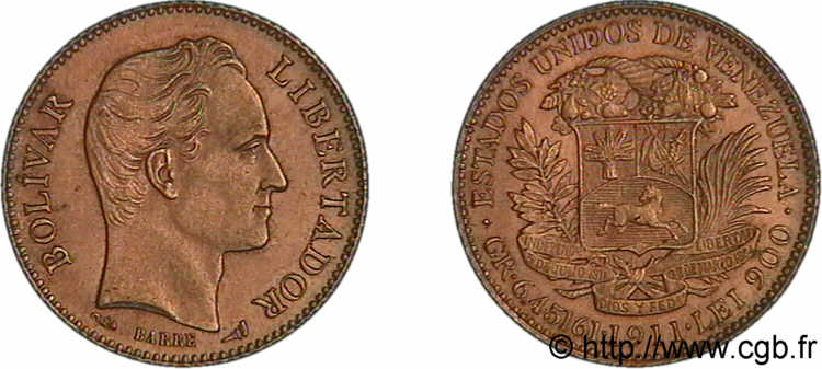 VENEZUELA - RÉPUBLIQUE 20 bolivares or 1911 Paris EBC 