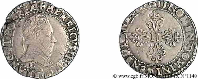 HENRY III Quart de franc au col plat 1579 Saint-Lô XF