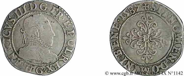 HENRY III Quart de franc au col plat 1587 Poitiers XF