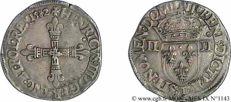 HENRI III Quart d écu, croix de face 1582 Nantes TTB+