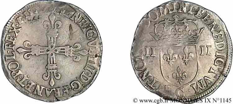 HENRY III Quart d écu, croix de face 1587 Saint-Lô MBC+