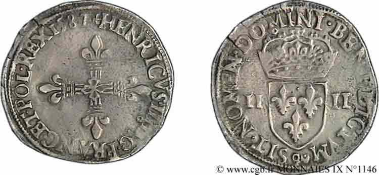HENRY III Quart d écu, croix de face 1587 Rennes XF