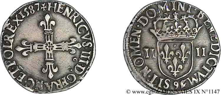 HENRI III Quart d écu, croix de face 1587 Rennes TTB