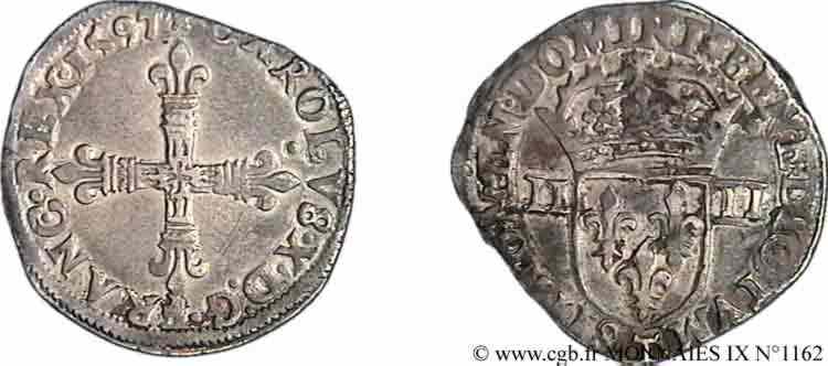 CHARLES X, CARDINAL OF BOURBON Quart d écu, croix de face 1597 Nantes MB