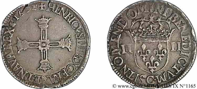 HENRY IV Quart d écu, croix bâtonnée et couronnée de face 1602 Saint-Lô XF