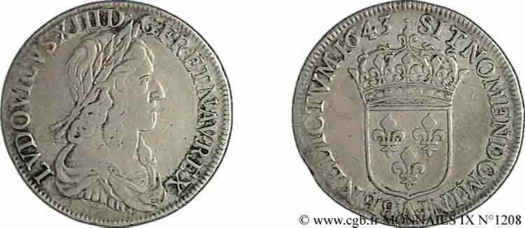 LOUIS XIII  Demi-écu, buste drapé et cuirassé (2e buste de Jean Warin) 1643 Paris,  Monnaie du Louvre VF