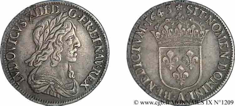 LOUIS XIII LE JUSTE Quart d écu, buste drapé et cuirassé (2e buste de Jean Warin) 1643 Paris, Monnaie de Matignon TTB