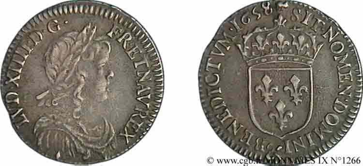 LOUIS XIV  THE SUN KING  Douzième d écu à la mèche longue 1658 Aix-en-Provence XF