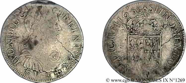 LOUIS XIV &nbsp;THE SUN KING&nbsp; Demi-écu de Navarre à la mèche longue 1653 Saint-Palais VF