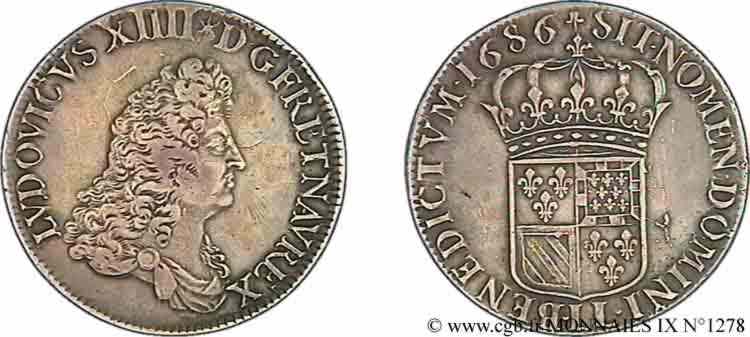 LOUIS XIV LE GRAND OU LE ROI SOLEIL Écu de Flandre 1686 Lille TTB/SUP