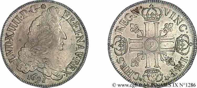 LOUIS XIV  THE SUN KING  Écu aux huit L 1691 Rennes AU