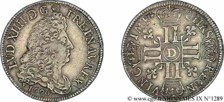 LOUIS XIV  THE SUN KING  Demi-écu aux huit L, 1er type 1690 Lyon XF
